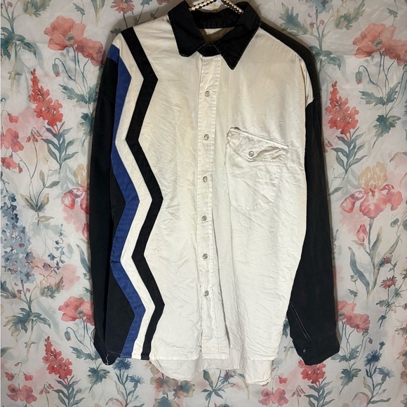 Vintage Black and White Button-Up Shirt with Blue Accents - Picture 1 of 10